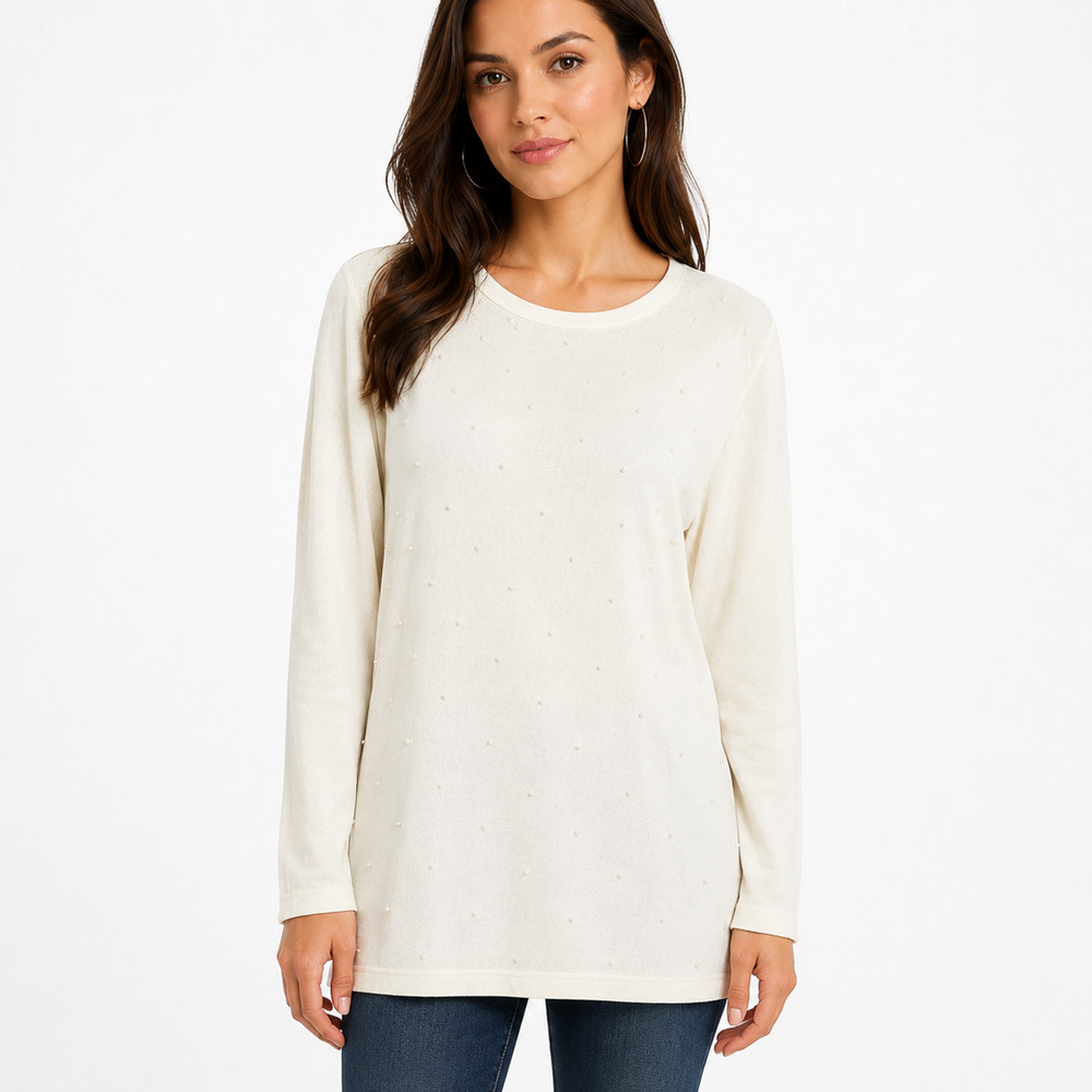 J. Jill Faux Pearl Studded Sweater Womens XL Ivory Embellished Knit Tunic Top